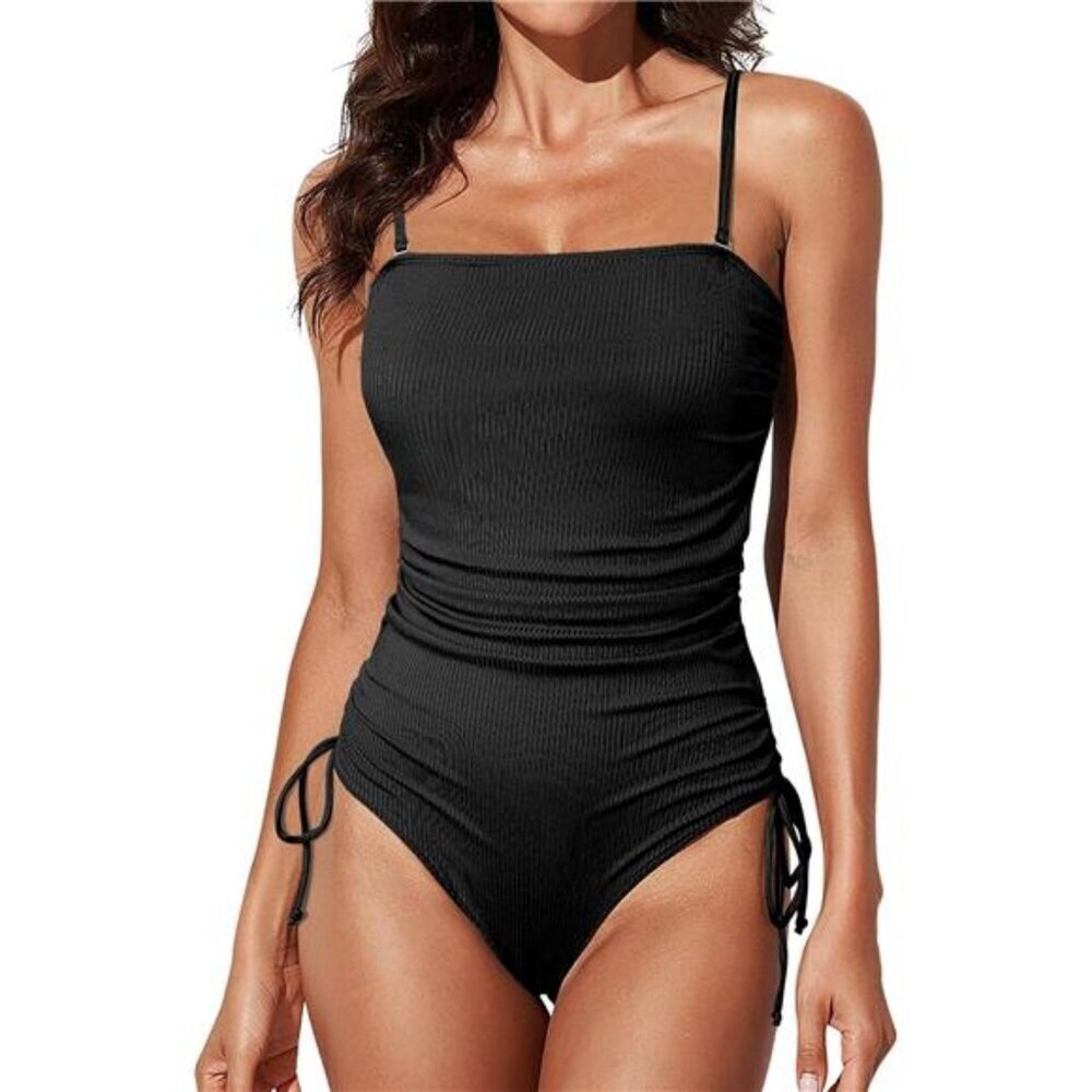 Ribbed Tummy Control One Piece Swimsuit Cheeky Tie Side High Cut Bathing Suit